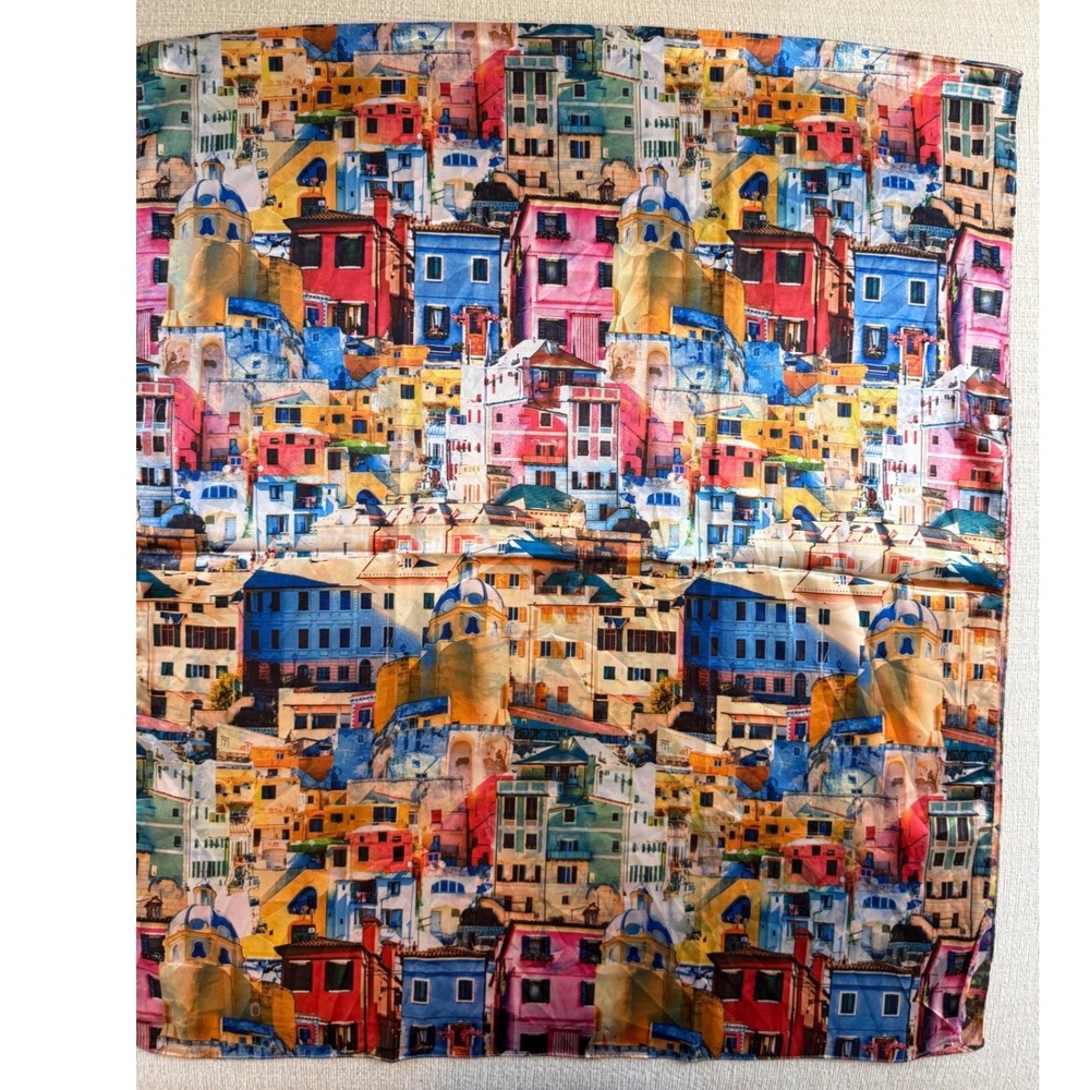 Colorful Coastal Village Scarf Satin Polyester Hair Wrap Travel Italy Art Print